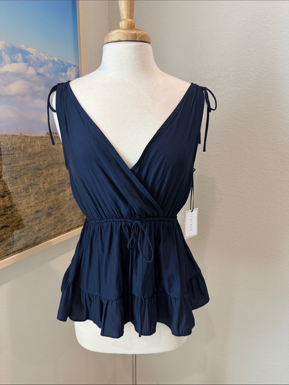 STATE Navy Tie-Shoulder Wrap Peplum Camisole